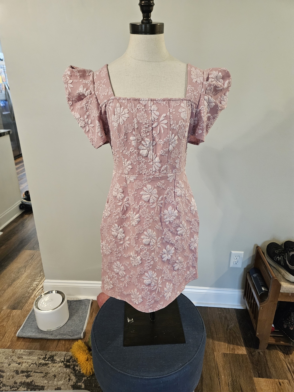 SHEIN Dusty Pink Floral Embroidered Square Neck Mini Dress